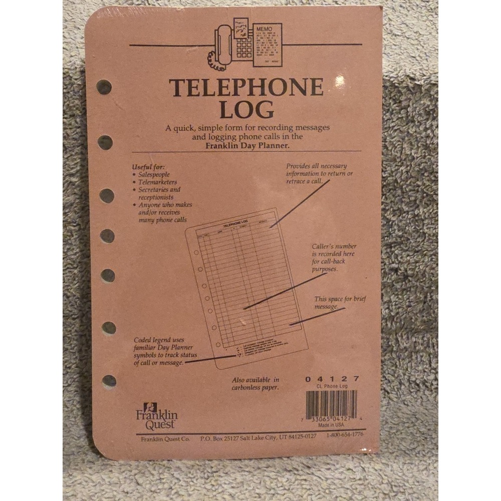 90s Vintage Franklin Quest Telephone Log Refill Pages For‎ Franklin Day Planner